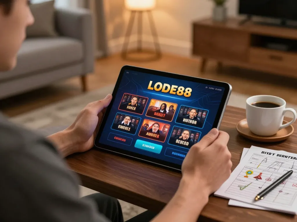 Engaging with the LODE88 casino app in a cozy home setting.