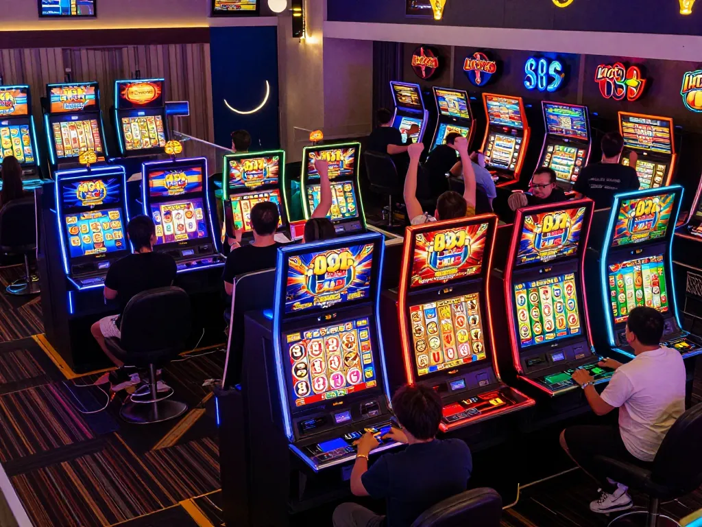 Excited players engaging in Lucky 88 slot games in a vibrant online casino atmosphere.