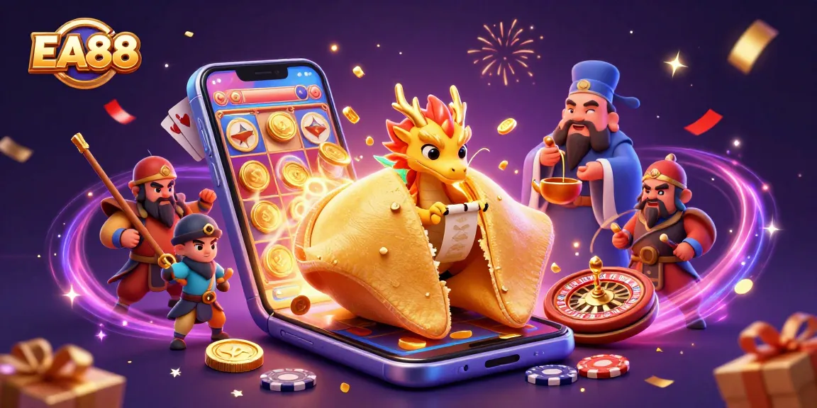 Engage with EA88 fortune cookie magic amidst thrilling casino gaming with colorful slot games, coins, and festive elements.