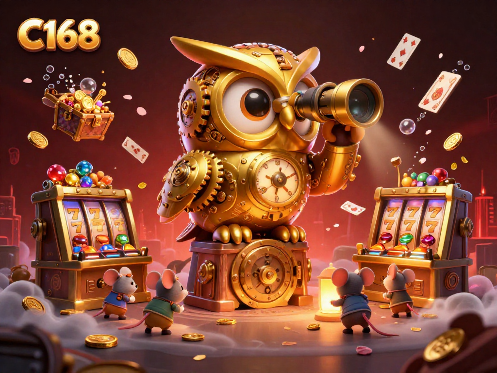 C168 offers thrilling gameplay featuring cartoon characters in a vibrant casino setting, showcasing slot machines and festive elements.