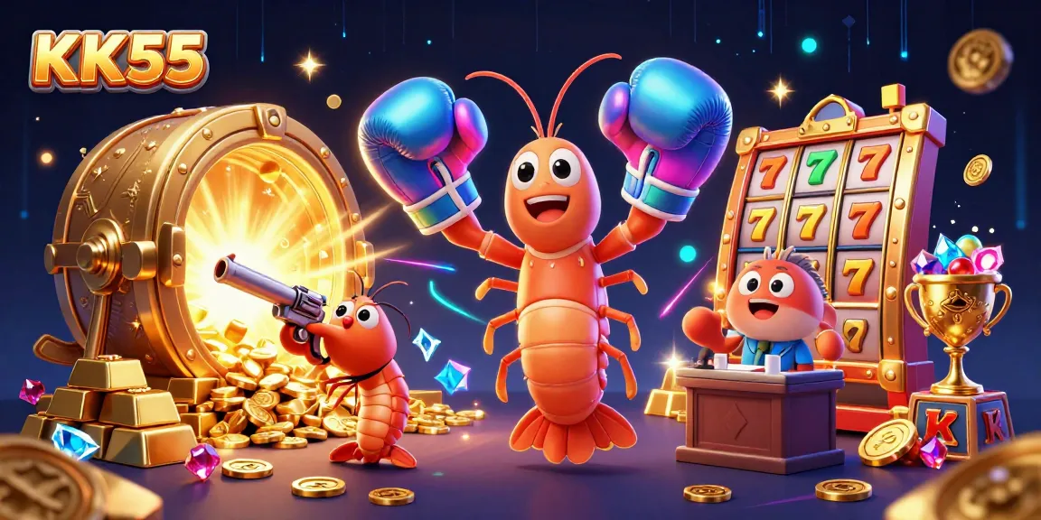 Engage with KK55's captivating gameplay featuring vibrant characters and dazzling treasures in this 3D casino scene.