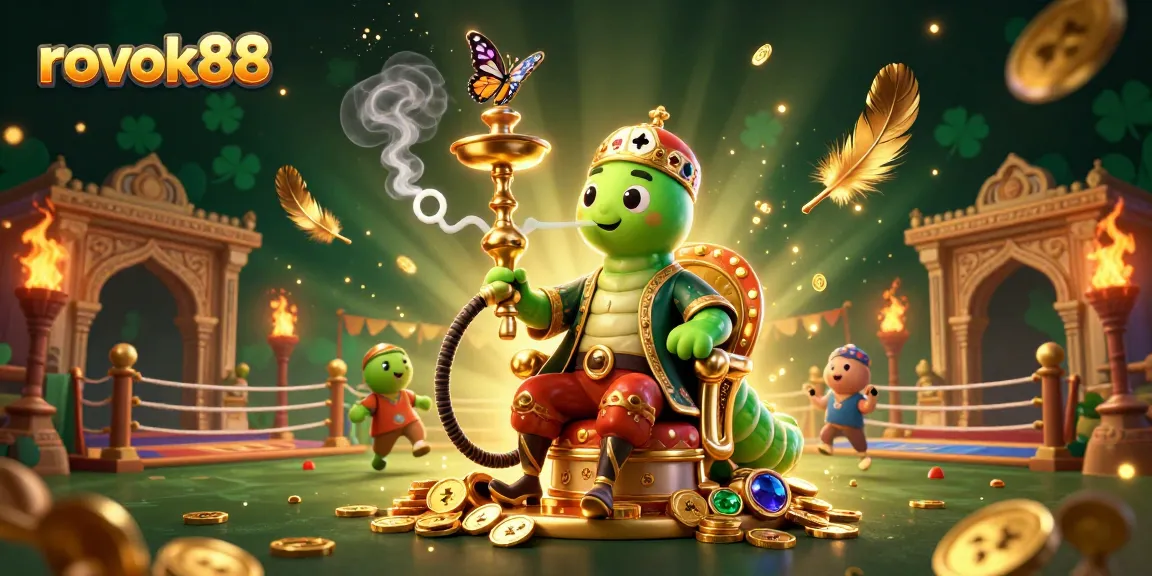 Witness the vibrant rokok88 gaming scene with a whimsical caterpillar hookah-master surrounded by poker symbols and golden coins.