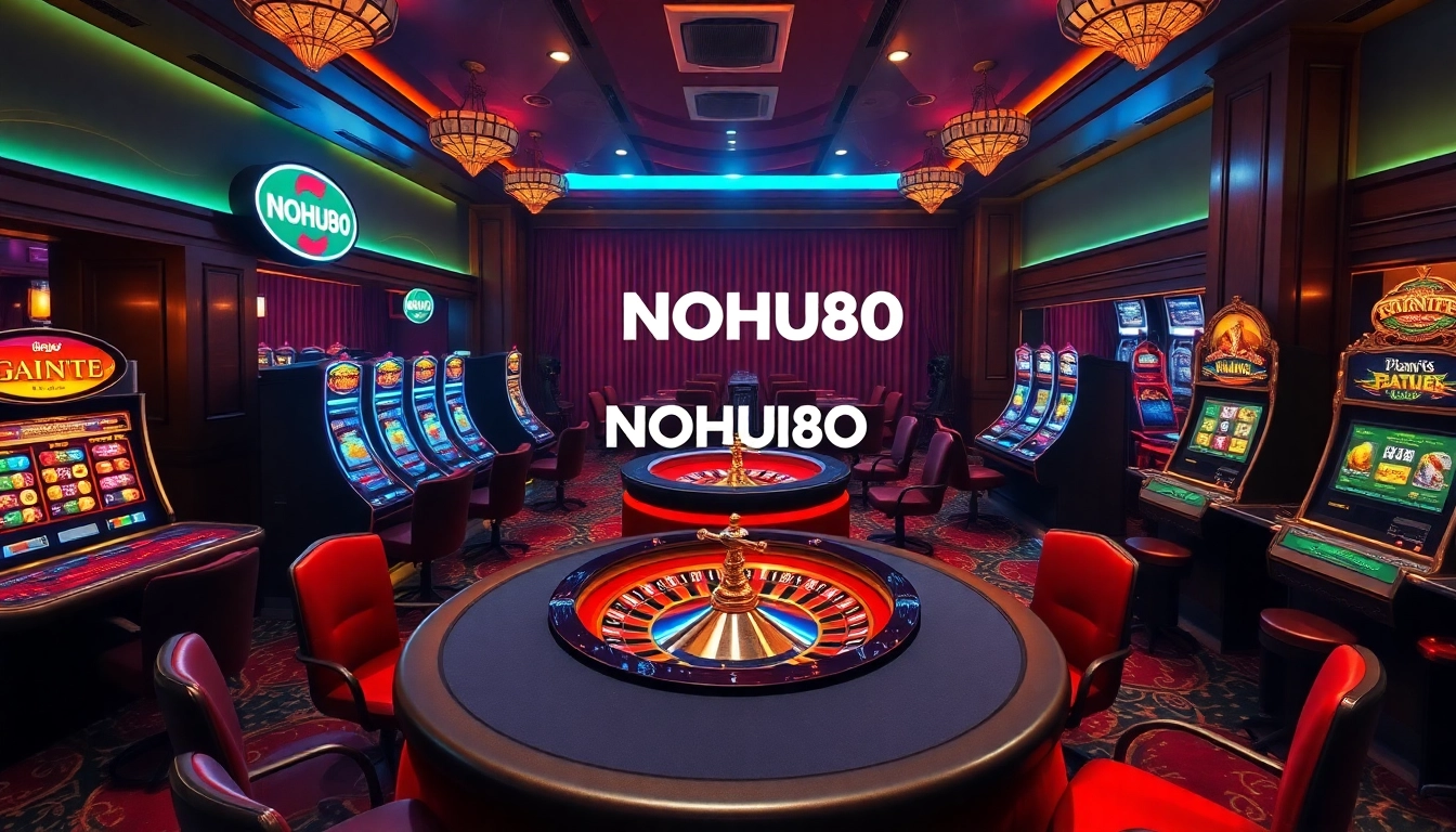 Players enjoying a thrilling game at NOHU90 casino with vibrant slot machines and roulette wheel.
