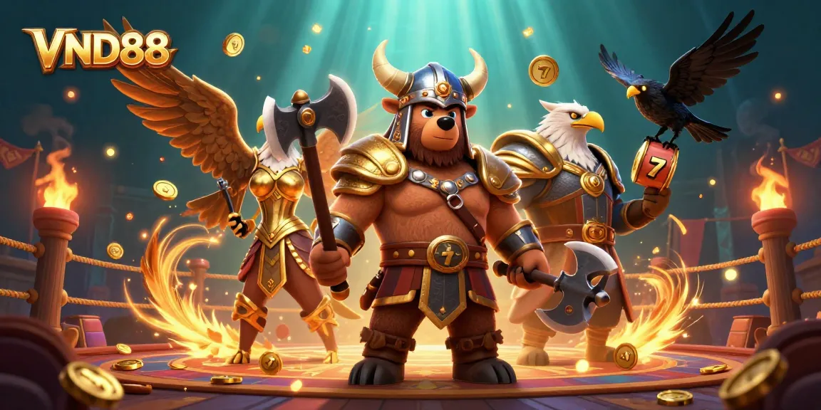 Experience thrilling spins at VND88 with a 3D Viking and eagle in a vibrant casino scene.