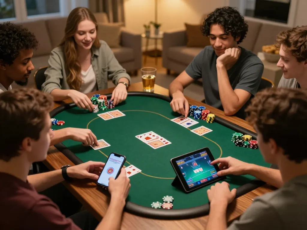 Players enjoying a thrilling online poker game at SKY88, showcasing vibrant chips and cards.