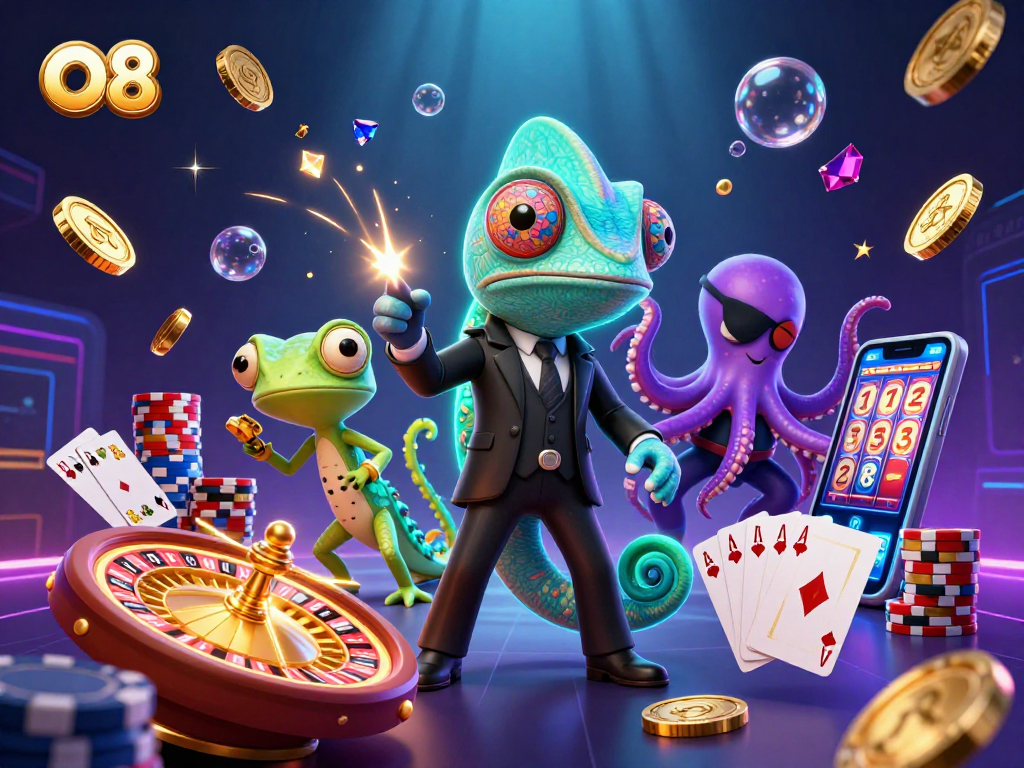 Win big with O8 while exploring a colorful 3D casino scene featuring dynamic characters and games.