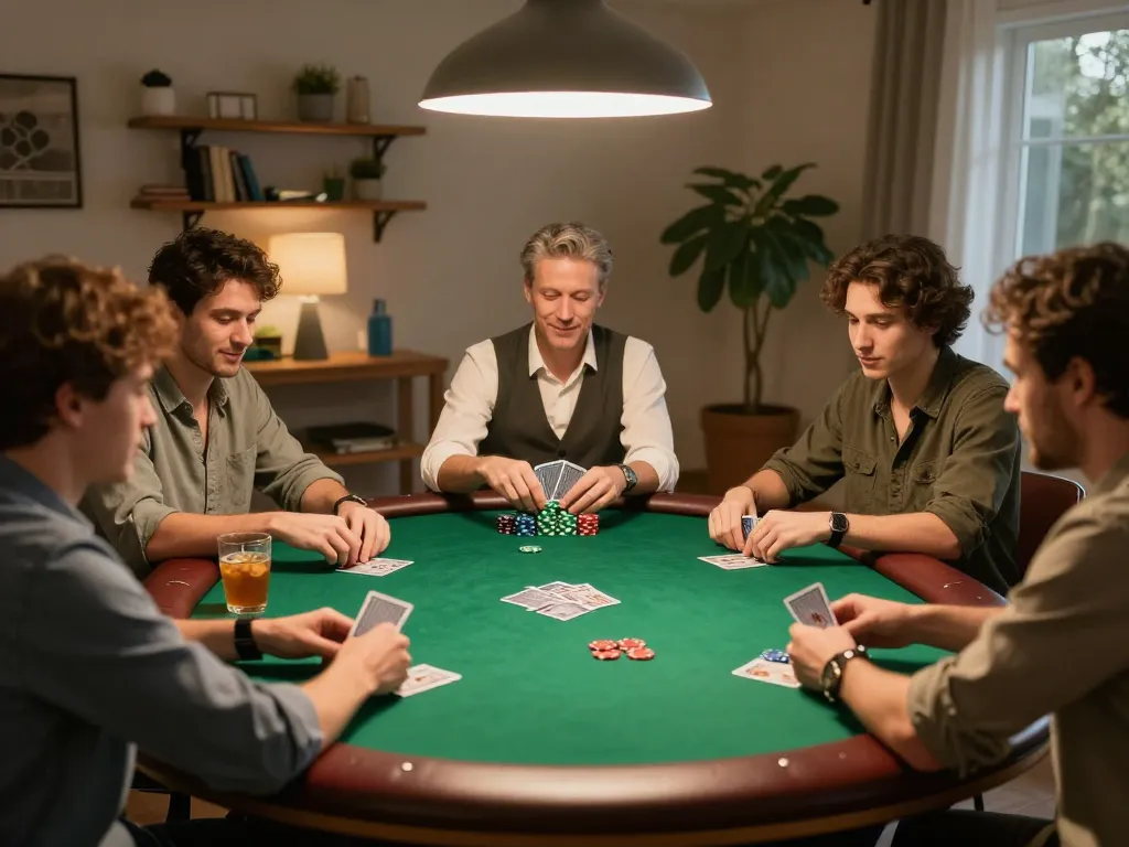 Friends enjoying a lively poker game at home, highlighting five88's strategic gaming environment.