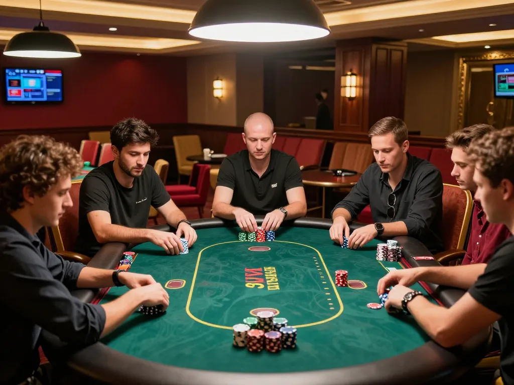Players engage in a strategic poker game at sam86's upscale table, showcasing excitement and tension.