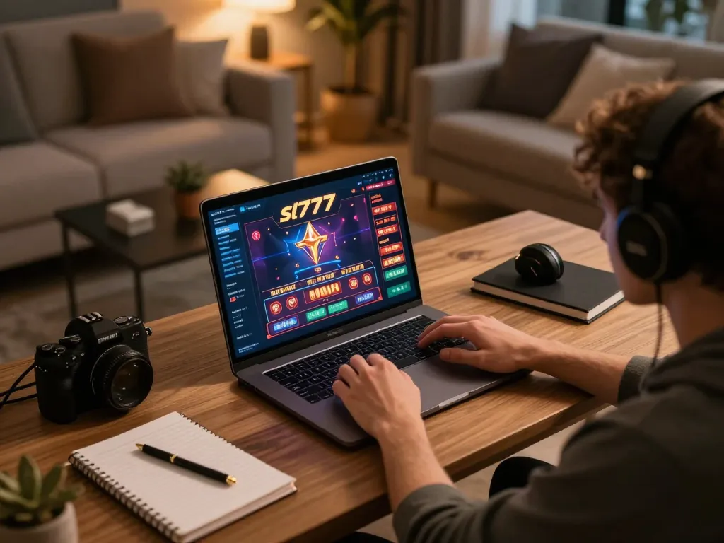 Pemain berinteraksi dengan sl777 di laptop dalam pengaturan permainan di rumah yang nyaman, menyoroti permainan online yang strategis.
