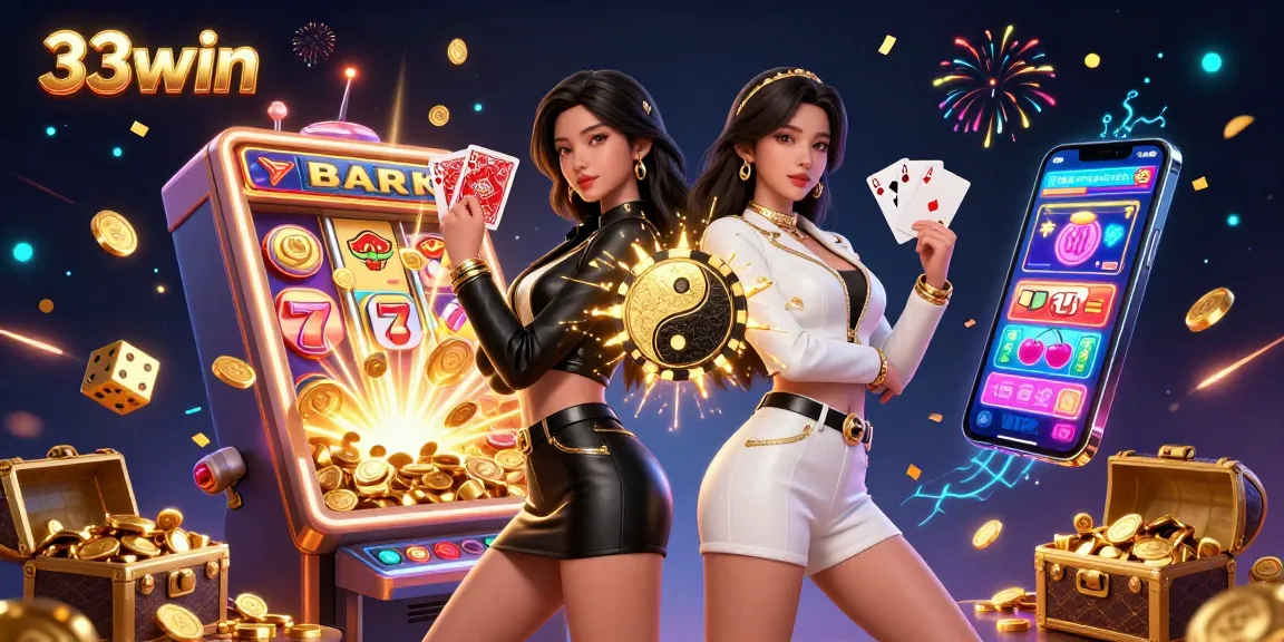 Experience the thrill of winning at 33win with stunning twin Asian women in a vibrant casino scene.