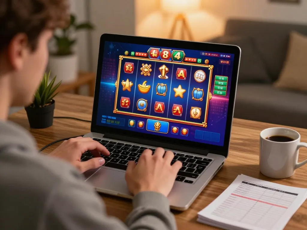Engaging in online nk88 gaming with colorful slot machine interface, cozy home workspace.