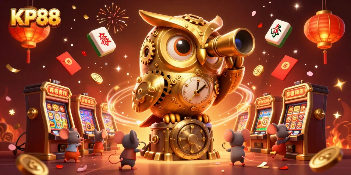 Engage in thrilling gameplay at KP88 with a golden owl overseeing a vibrant casino scene.
