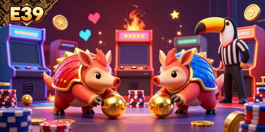 E39 pangolin-themed casino scene featuring a showdown with poker chips and arcade elements.