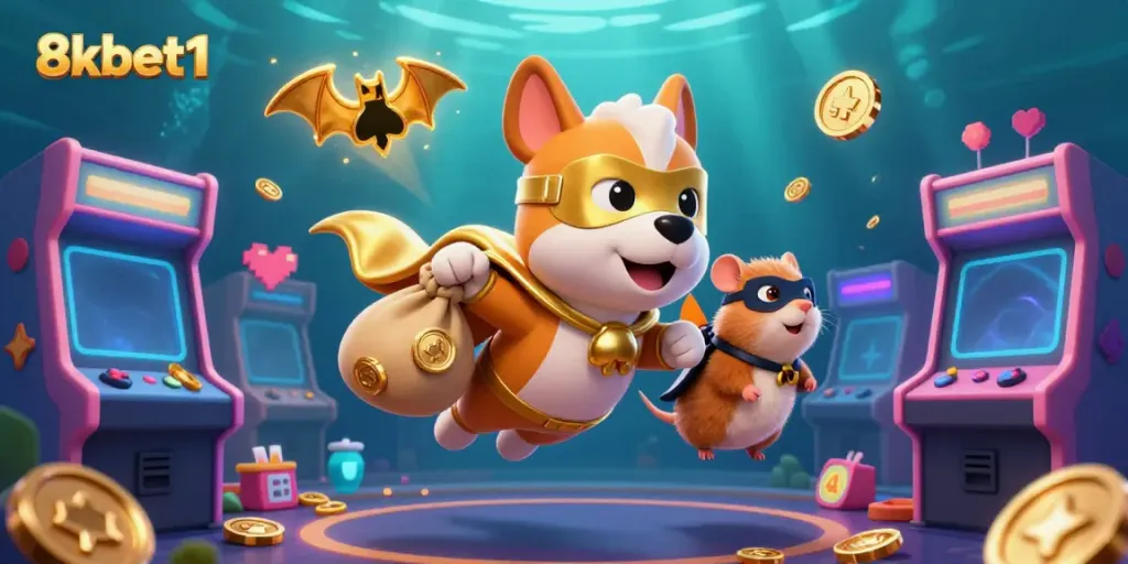 Engage in thrilling gameplay with 8xbet1, featuring a superhero dog and hamster soaring over colorful casino elements.