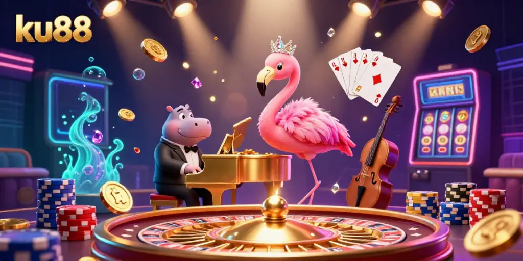 Experience the excitement of ku88 with a vibrant 3D casino scene featuring a flamingo singer, hippo bassist, and dazzling elements.