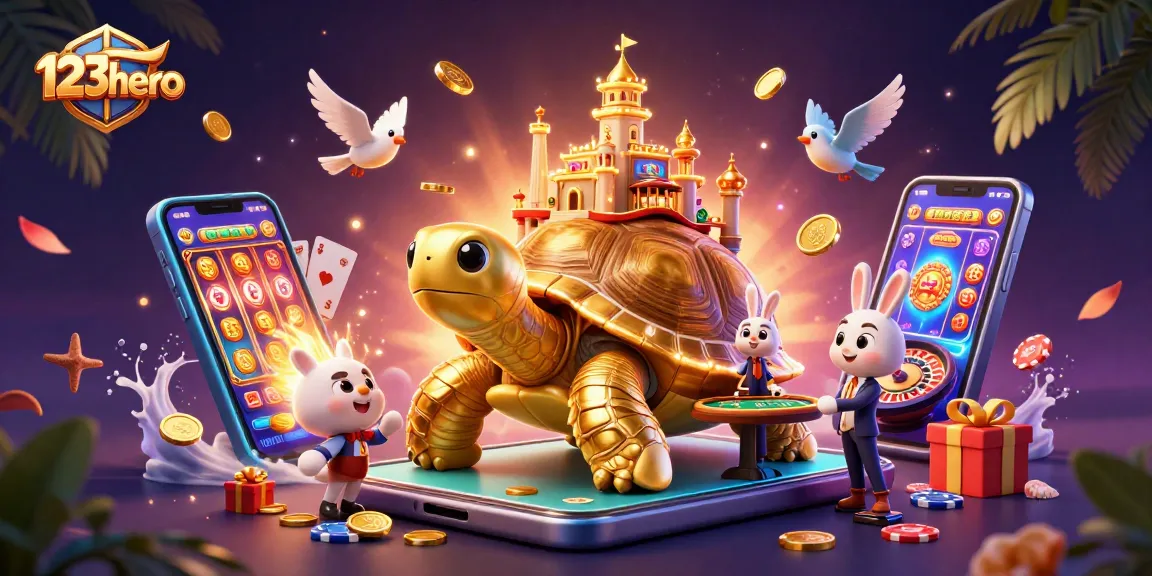 Play thrilling games at 123hero's vibrant casino scene with a lucky tortoise and rabbit dealer.