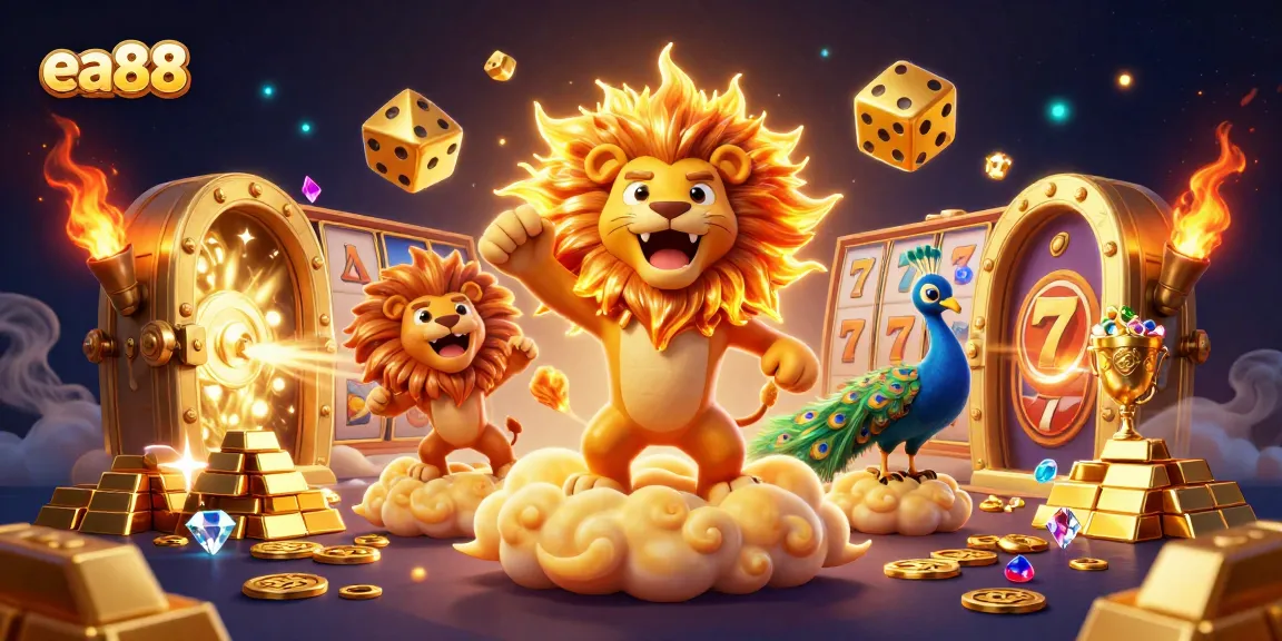 Play at ea88: Experience thrilling jackpots with vibrant golden elements and a lively gambling scene.