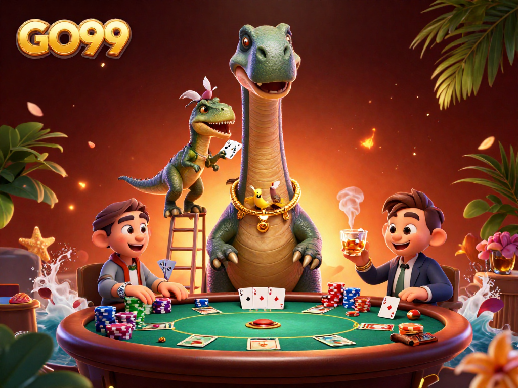 Engage in a thrilling GO99 poker game with enchanting dinosaur characters and vibrant casino elements.