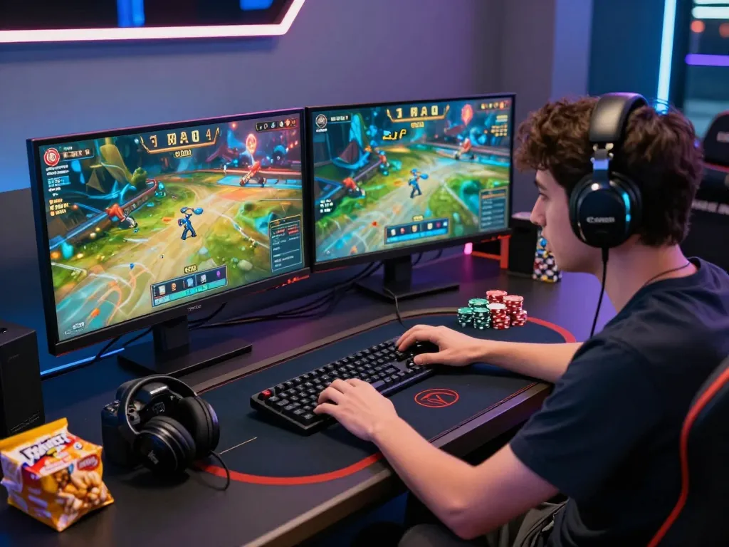 Excited player engaging in rik vip poker game on dual monitors