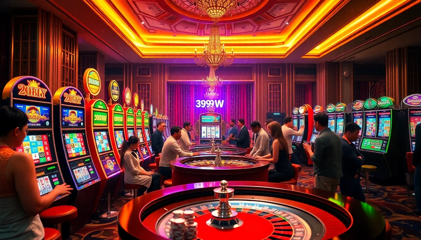 Experience the thrill of gaming at 399W with engaging slot machines and vibrant poker chips.