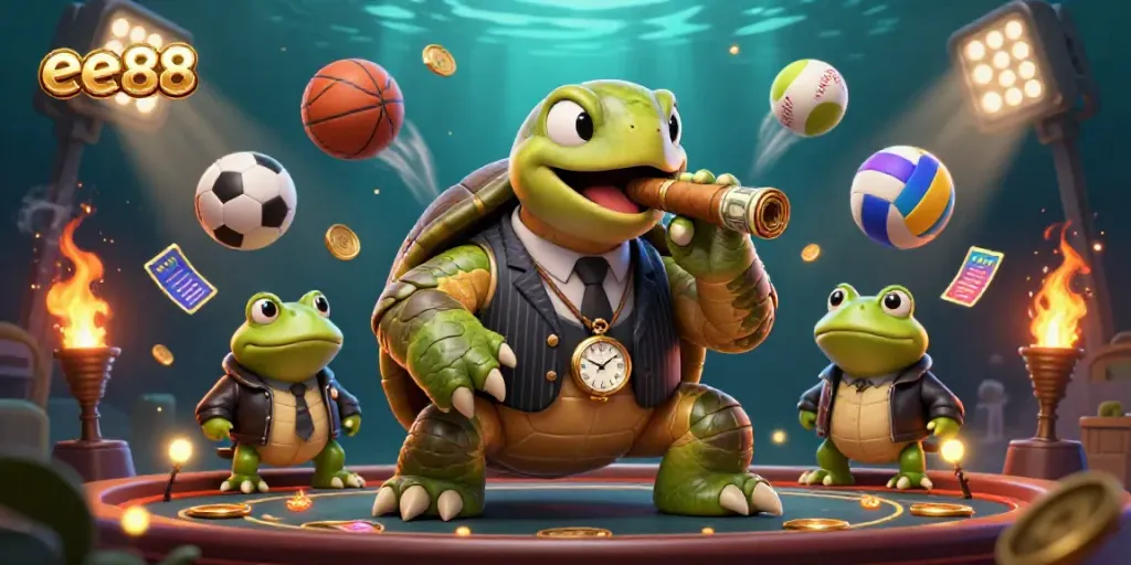 Experience the excitement of ee88 casino in a vibrant 3D scene with cartoon characters and dynamic sports elements.