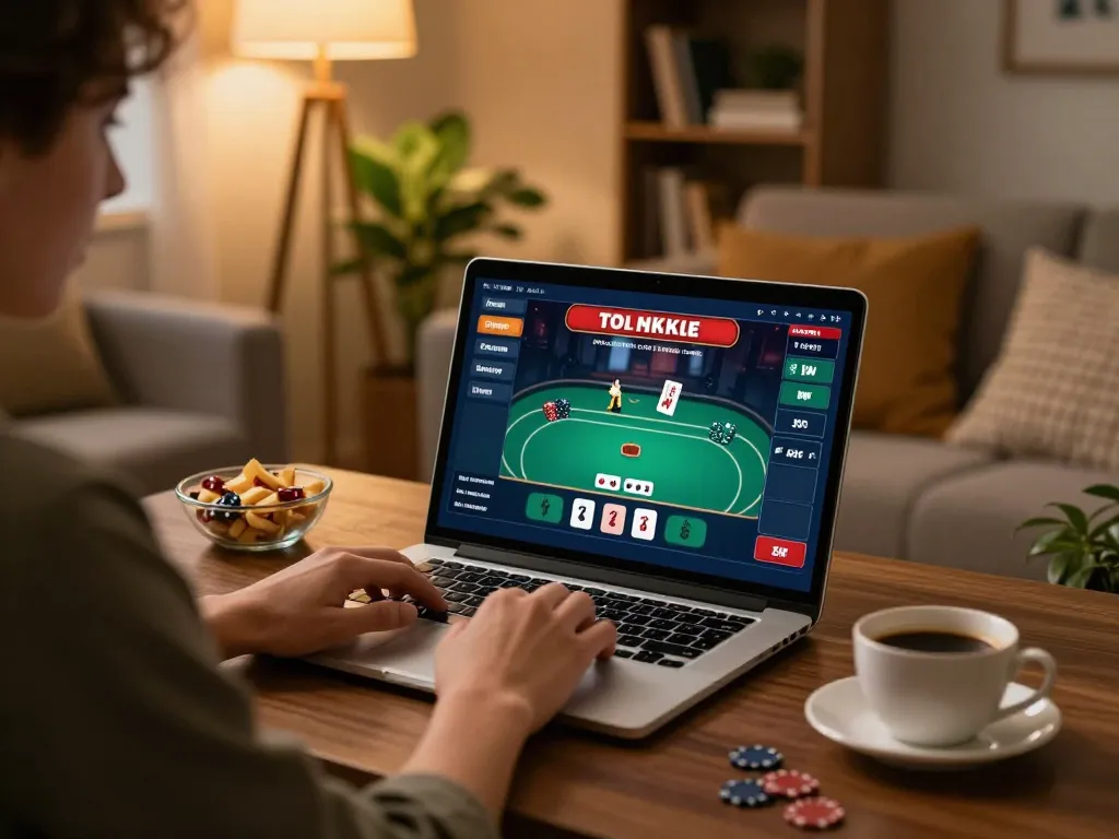 Lode88 user playing poker online on a laptop in a cozy home setting, promoting responsible gambling.