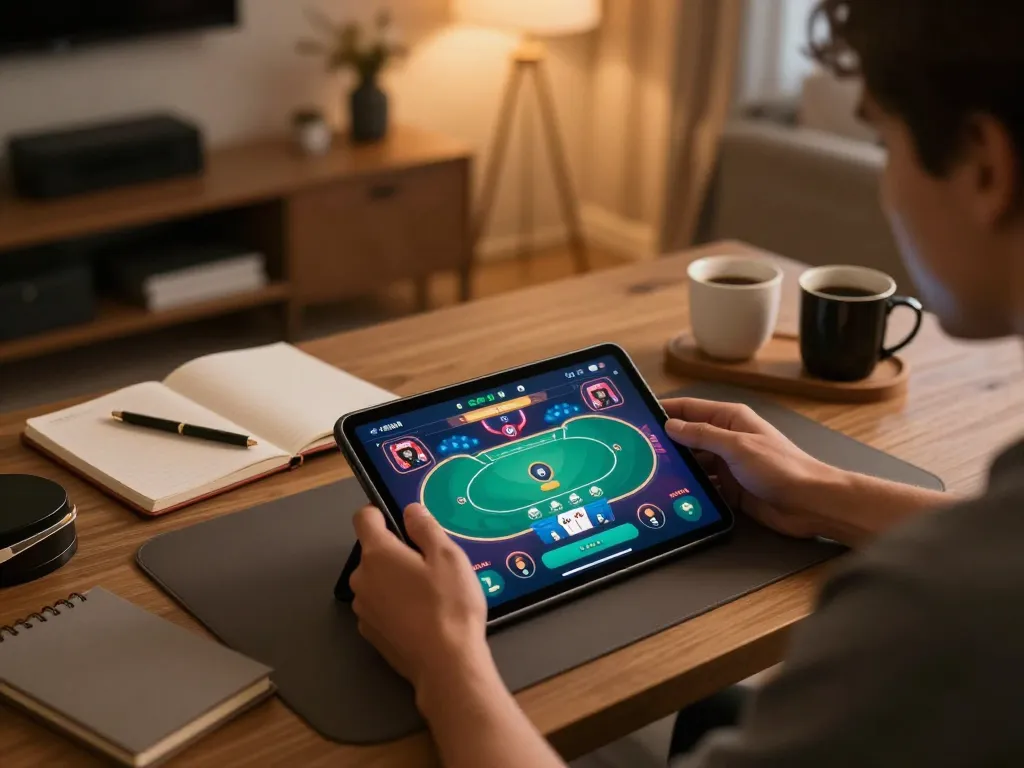 Engaging online poker experience on lc88 tablet, showcasing game interface and strategic gameplay
