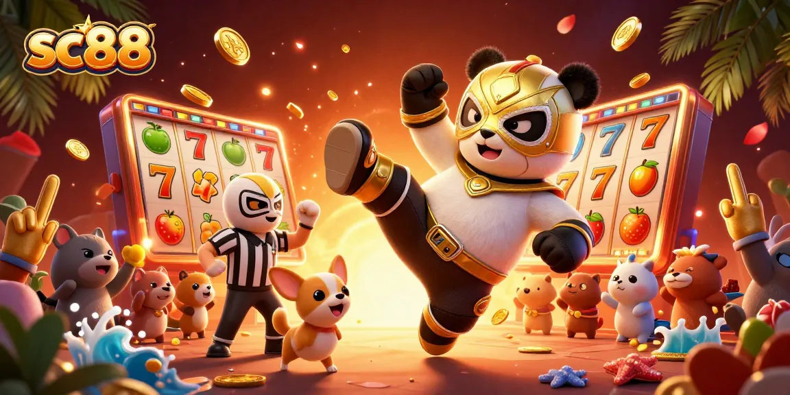 Experience the thrill of sc88 slots with a dynamic panda wrestler and colorful casino elements.