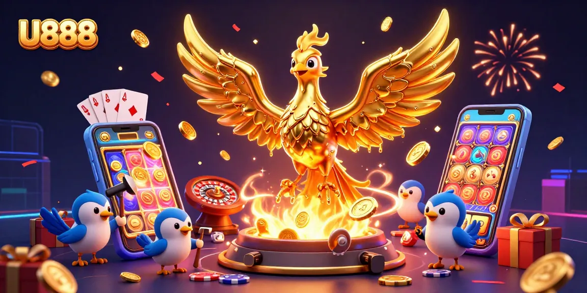 Experience thrilling gameplay with U888's vibrant casino-themed illustration, featuring a golden phoenix and dynamic slot game.