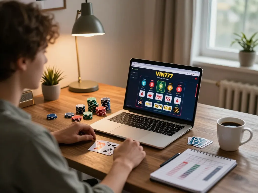 Engaged player using VIN777 online casino interface on laptop in cozy home setup.