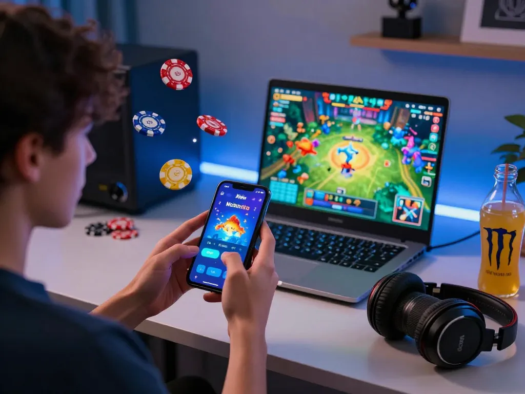 Kwin Mobile app user enjoying gaming with vibrant virtual elements in a cozy environment.