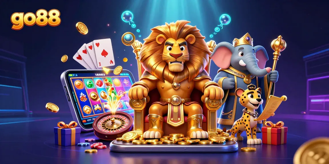 Join the excitement at go88 with a vibrant 3D casino scene featuring royal characters and spinning slot games.