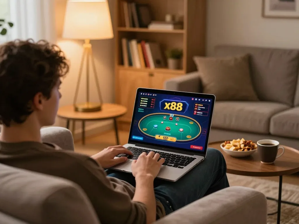 x88 online poker game played on a laptop at a cozy home setup, highlighting strategic gameplay.