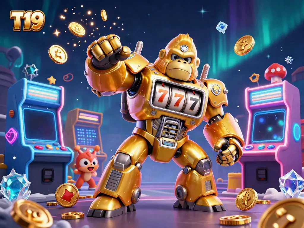Experience the thrill of T19 with an explosive golden gorilla mech amid vibrant casino games.