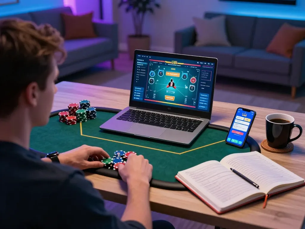 Engaging in online poker with LC88 app on laptop, surrounded by strategy notes and gaming accessories.