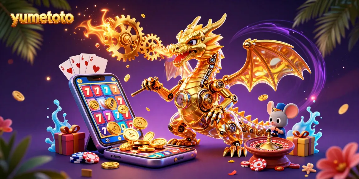 Experience thrilling slots with yumetoto in this vibrant 3D casino scene filled with dynamic game elements.