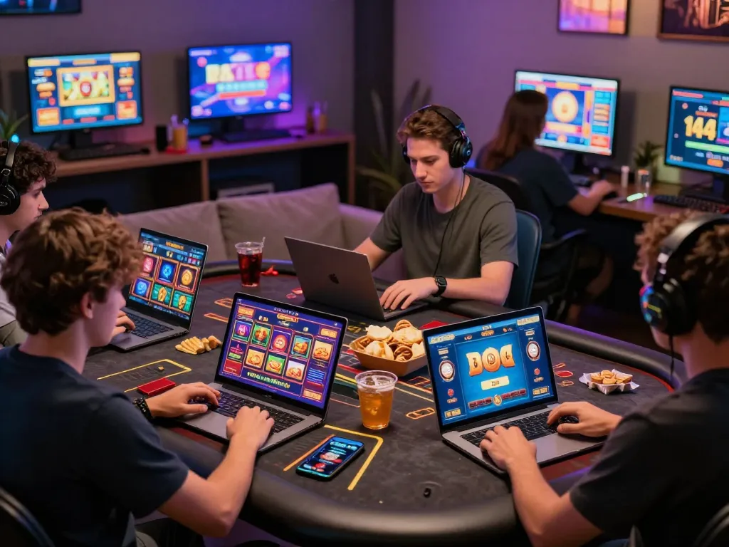 Players enjoying diverse games on 68win's online platform in a vibrant home setting.