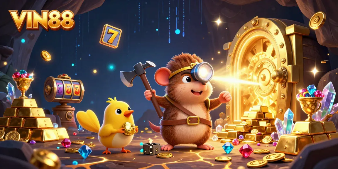 Engage with VIN88's thrilling gaming adventures featuring a treasure hunter and casino elements.