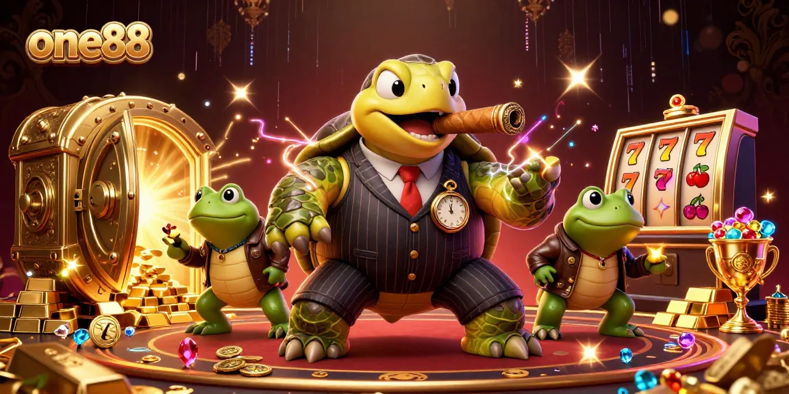 Join the fun at one88 with a massive turtle and bullfrog enforcers amidst rich casino lights.