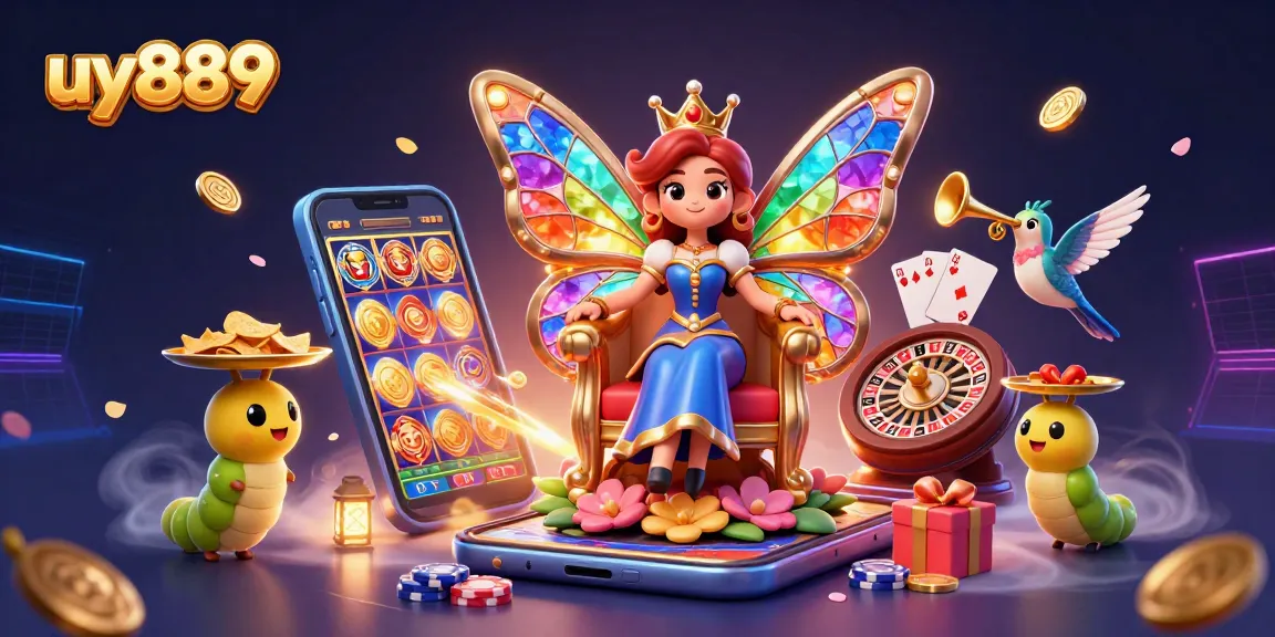Engage with uy889's thrilling casino scene featuring a butterfly queen in a vibrant 3D setting.