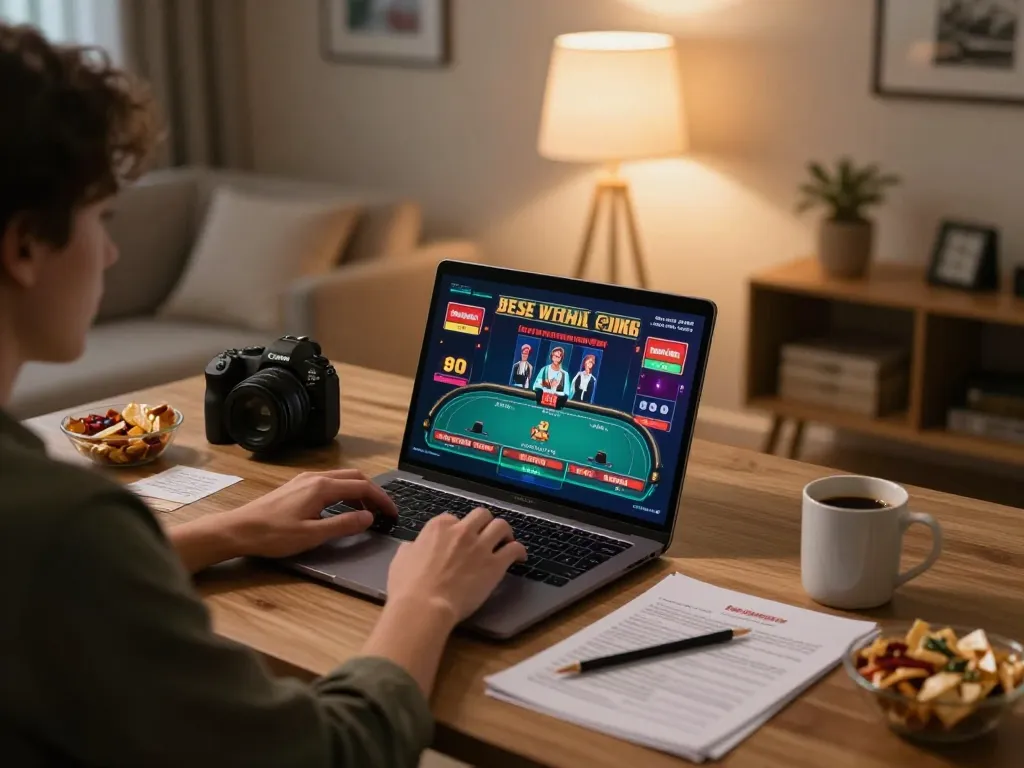 Person playing online poker on KP88S laptop while tracking betting strategy notes.