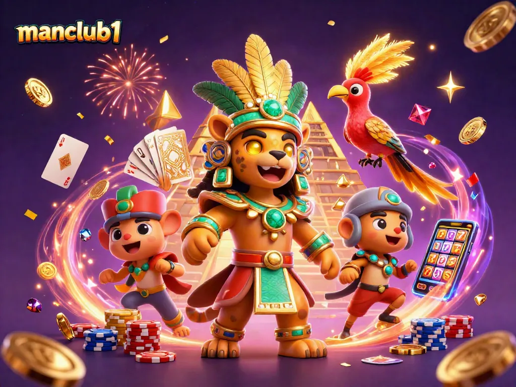 Experience thrilling gameplay with manclub1 as the Mayan jaguar priest and quetzal bird celebrate casino wins with vibrant visuals.