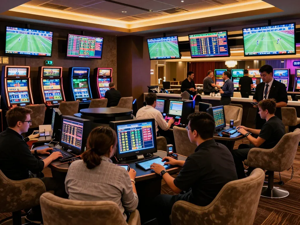 Betting enthusiasts analyze tỷ lệ kèo nhà cái hôm nay while enjoying lively sports in a luxurious casino lounge