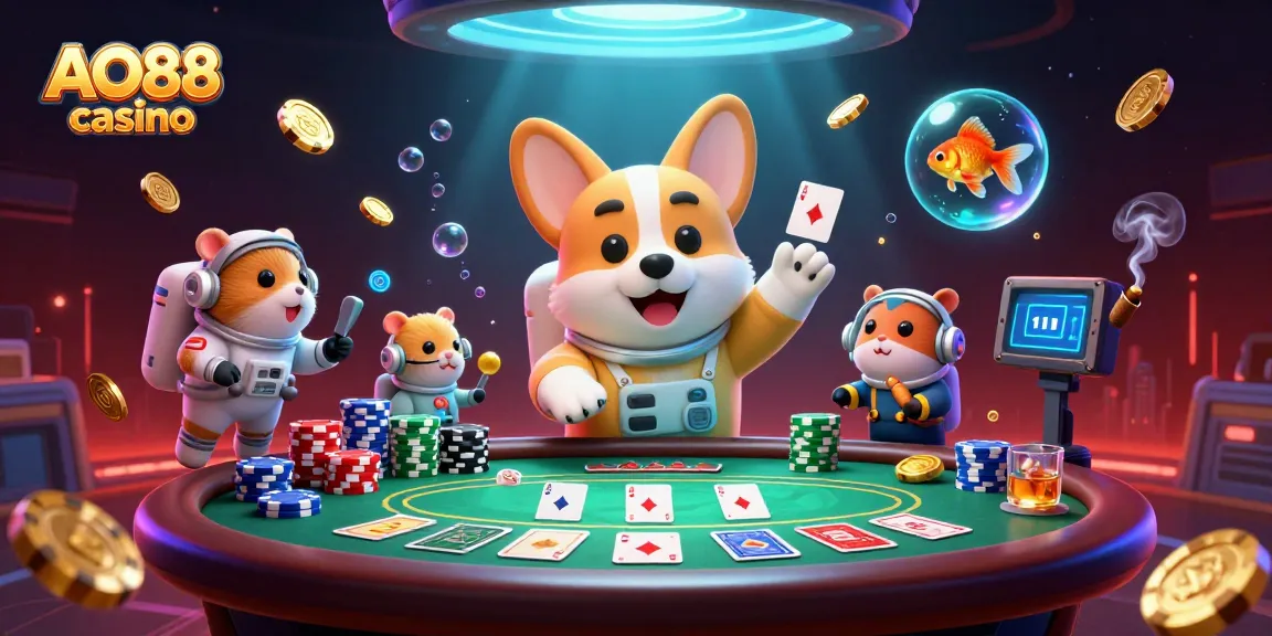 Experience the AO88 casino with exciting poker games and captivating visuals in a vibrant cosmic scene.