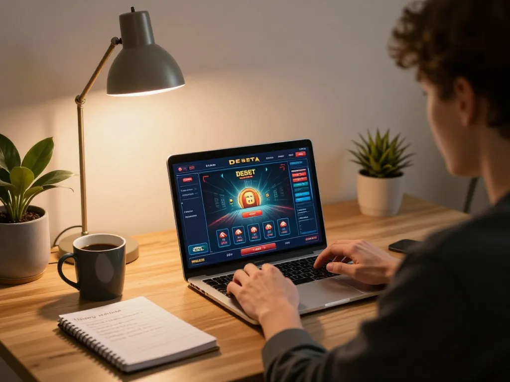 Engaged player enjoying DEBET online casino games on laptop with strategy notes nearby.