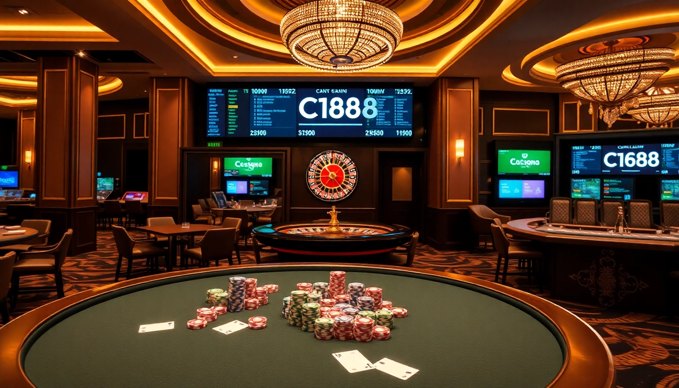 Experience thrilling gameplay at C168 with a vibrant casino atmosphere featuring poker tables and roulette.
