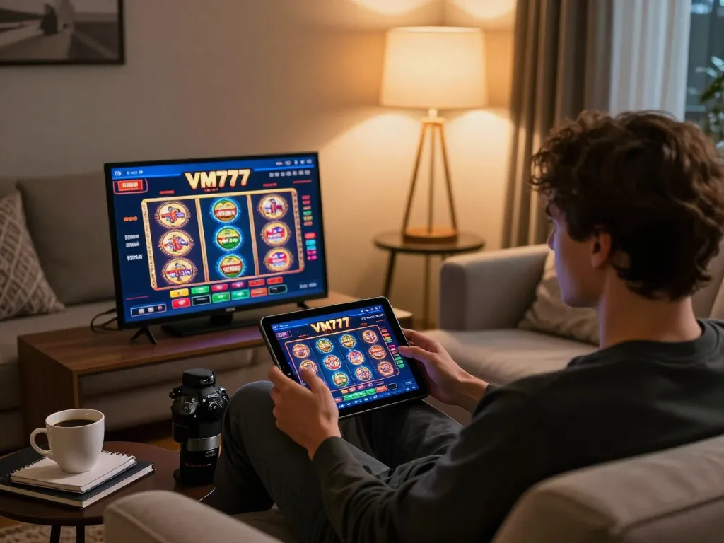 Menikmati pengalaman kasino VM777 dengan permainan tablet di suasana malam yang nyaman.