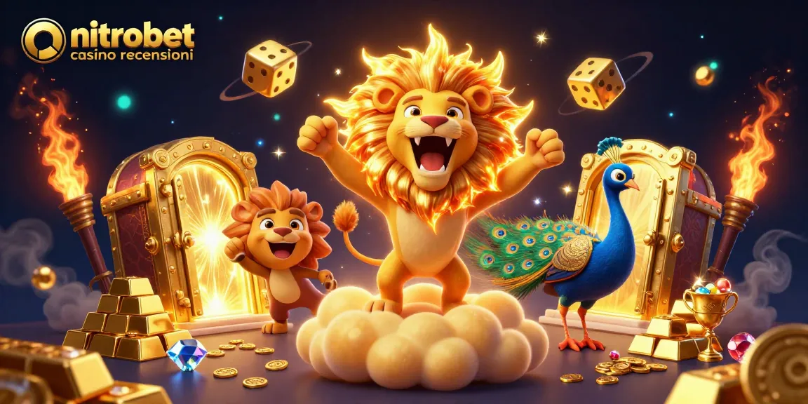 Scopri le recensioni di NitroBet Casino con il leone solare e dadi dorati in un'illustrazione vibrante!