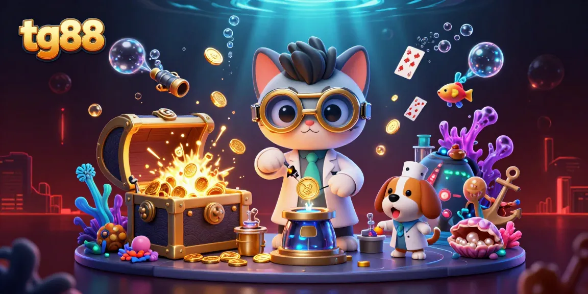 Join the adventure of tg88 as the scientist cat and dog create a gold coin replication machine in a vibrant casino scene.