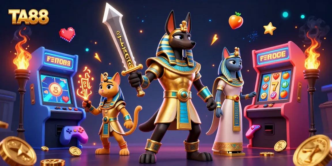 Experience the excitement of TA88 slots with Anubis and Bastet amidst vibrant gaming elements.